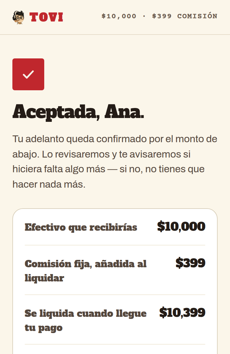 El adelanto aceptado con sus montos, en un teléfono