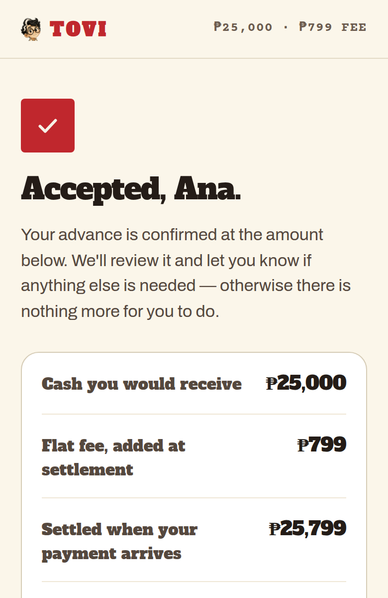 The accepted advance and its amounts, on a phone