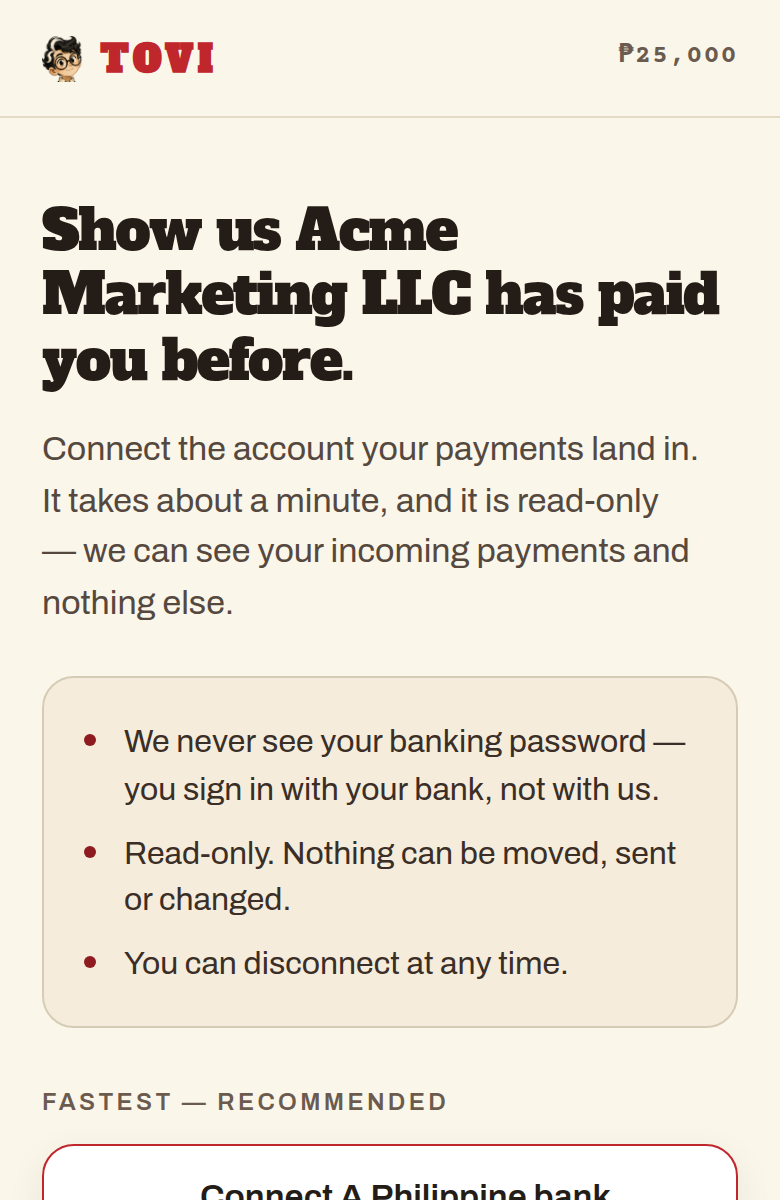 The connect-your-account page on a phone