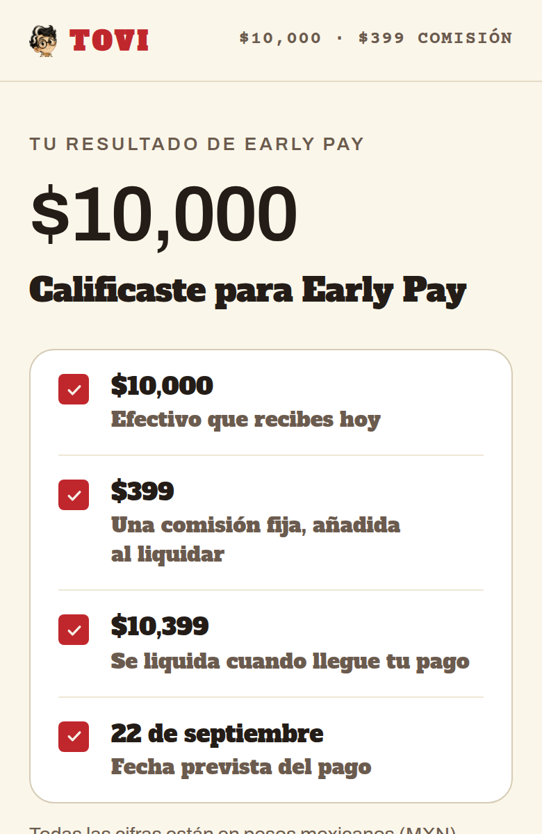 Un resultado de Early Pay de $10,000 con su comisión y fecha de liquidación, en un teléfono
