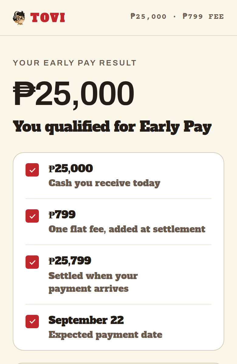 An Early Pay result of 25,000 pesos with its fee and settlement date, on a phone